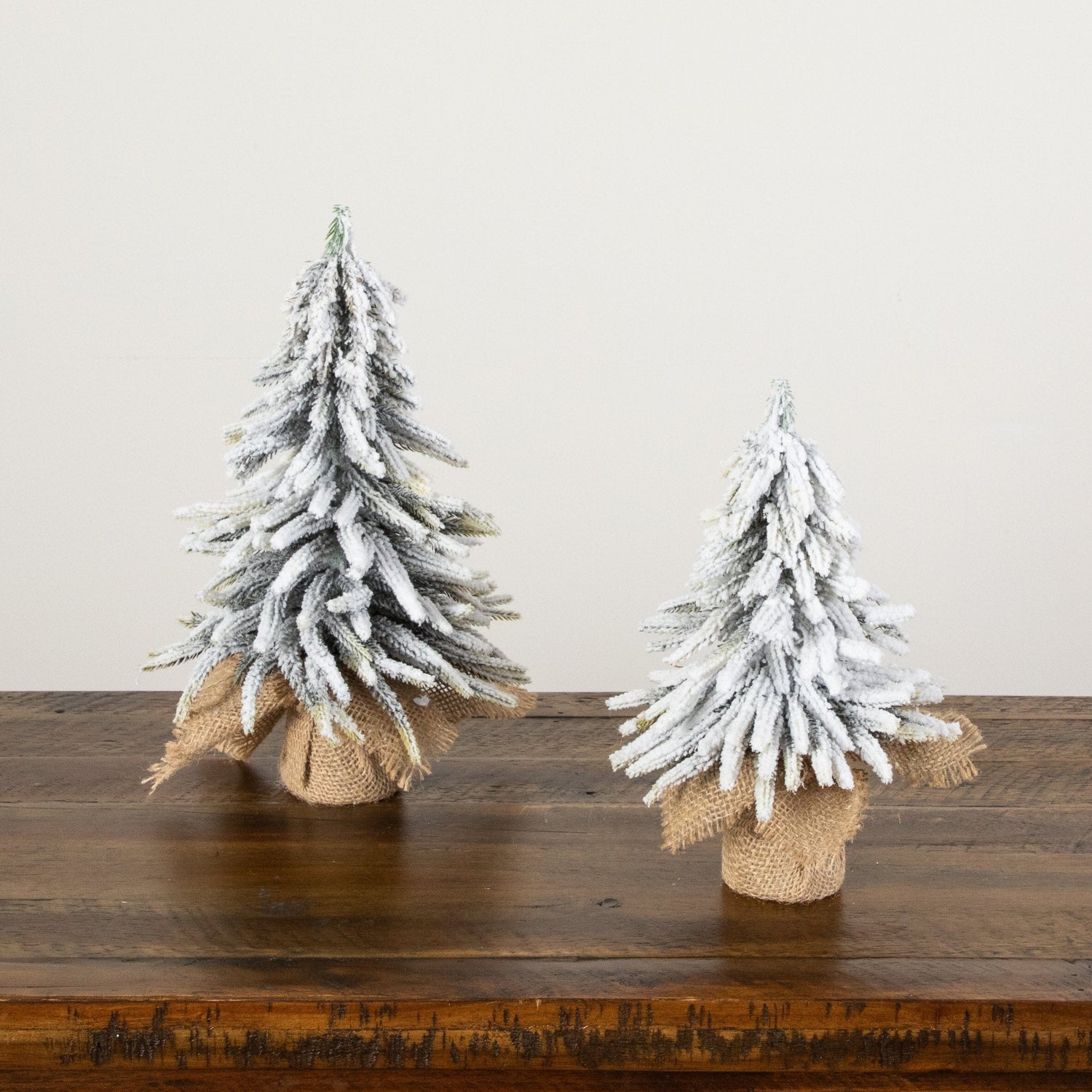 10" and 13” Artificial Mini Flocked Christmas Tree with Burlap Base - Set of 2