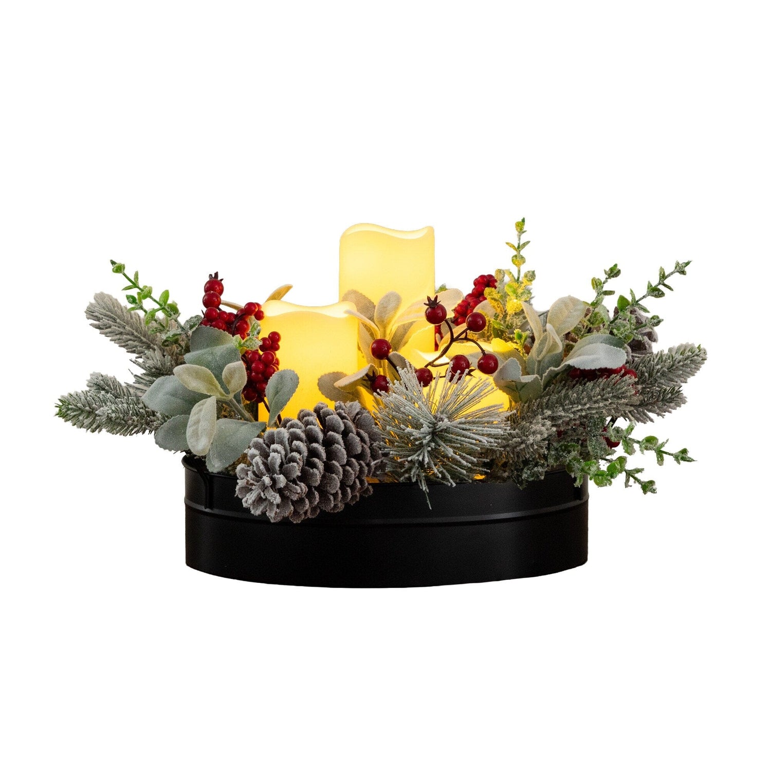 10” Artificial Christmas Flocked Pine & Berry Candle Centerpiece with Pinecones
