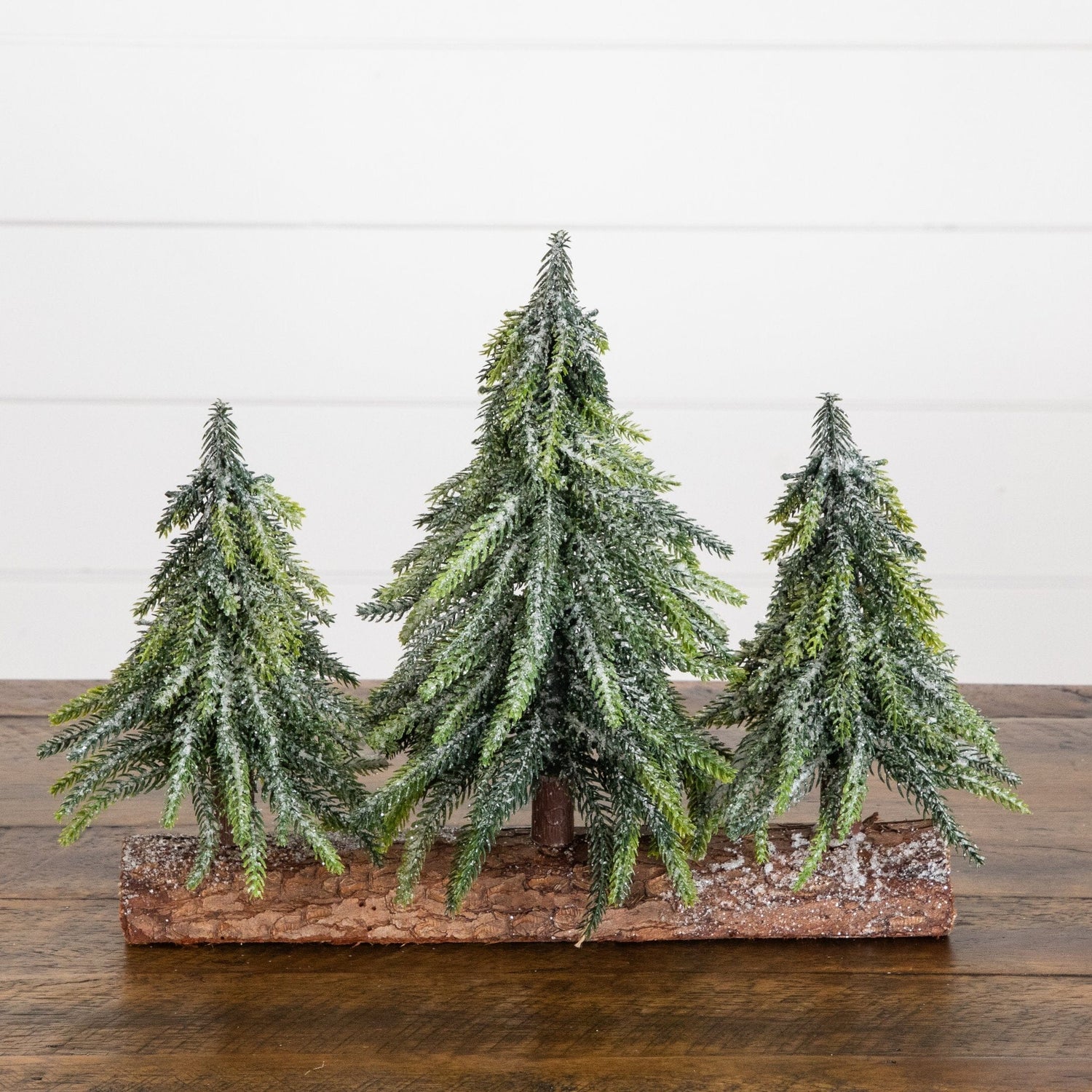 10” Artificial Snowed Downswept Christmas Tree Trio in Rustic Wooden Log Base