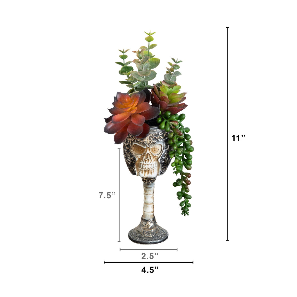 11” Artificial Halloween Succulent Garden in Skull Chalice Planter