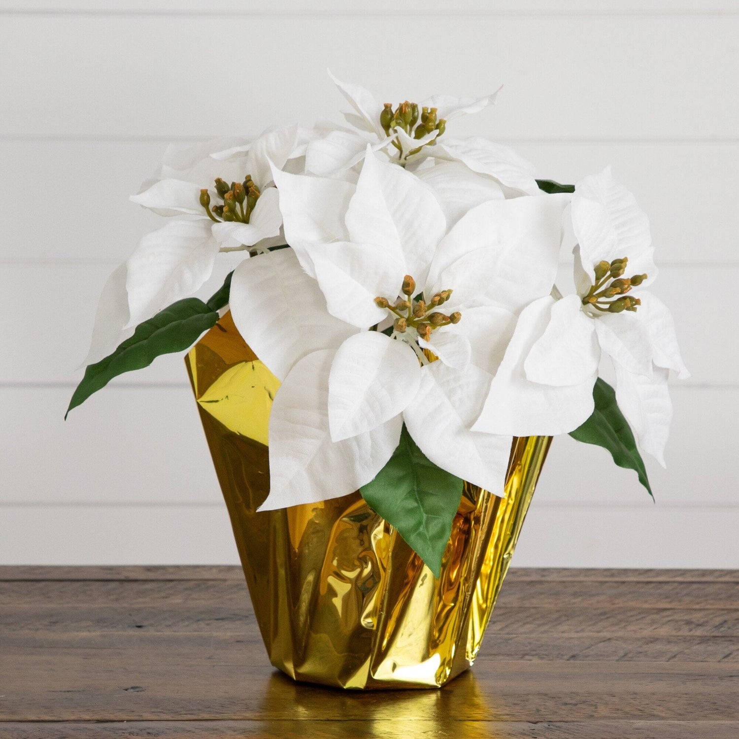13” Artificial White Velvet Poinsettia Arrangement in Gold Wrapped Planter
