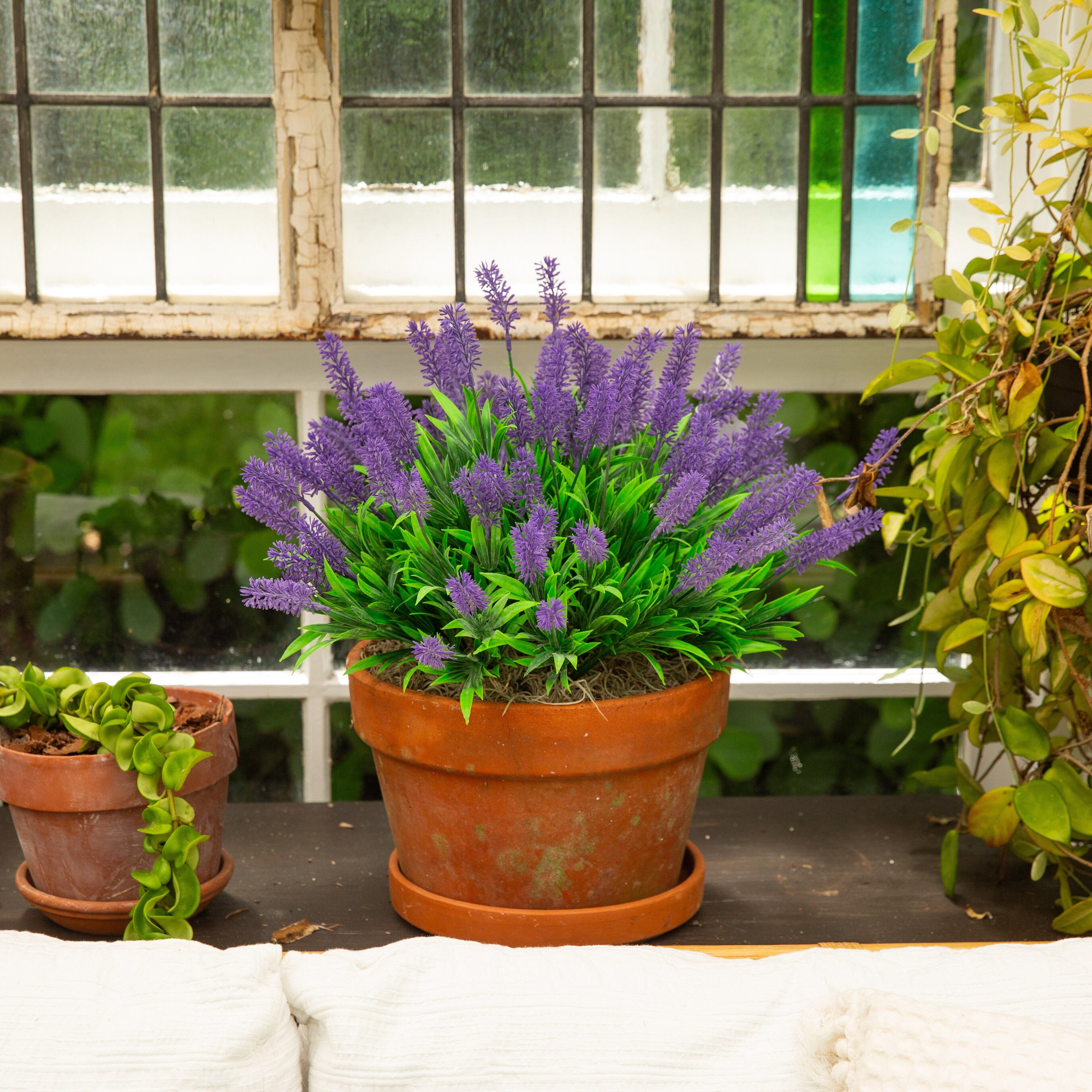 natural lavender plant 13" UV Resistant Artificial Flowering Lavender Bush (Indoor/Outdoor) -