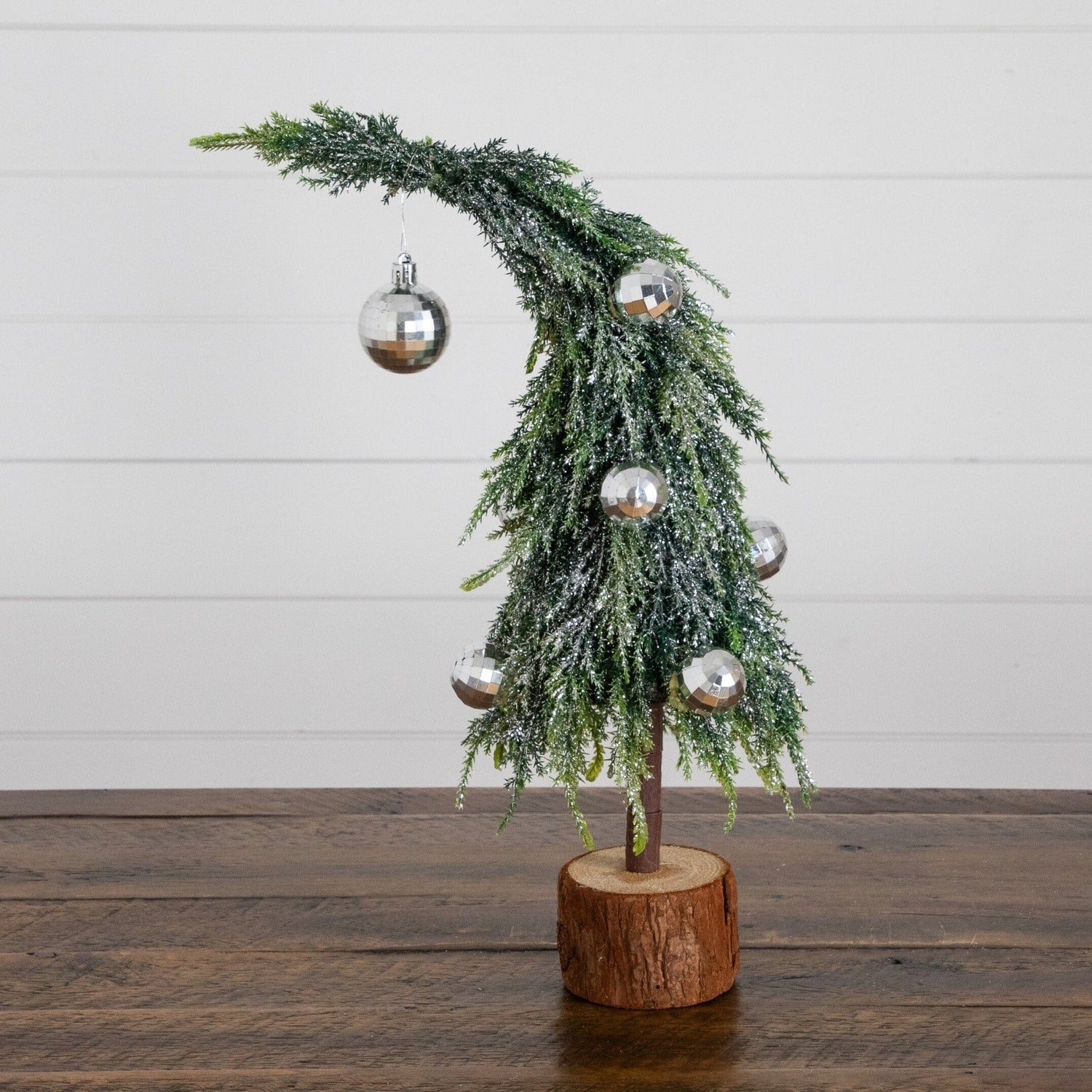 14” Artificial Snowed Santa's Hat Christmas Tree with Ornaments in Wooden Trunk Base