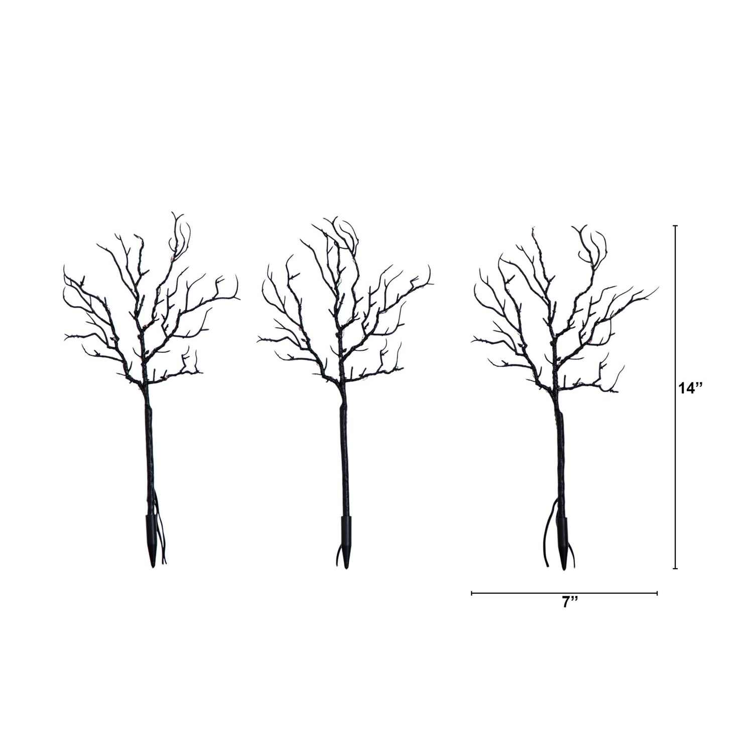 14" Pre-Lit Artificial Halloween Black Twig Branches with 45 Orange LED Lights and Integrated Ground Stake - Set of 3