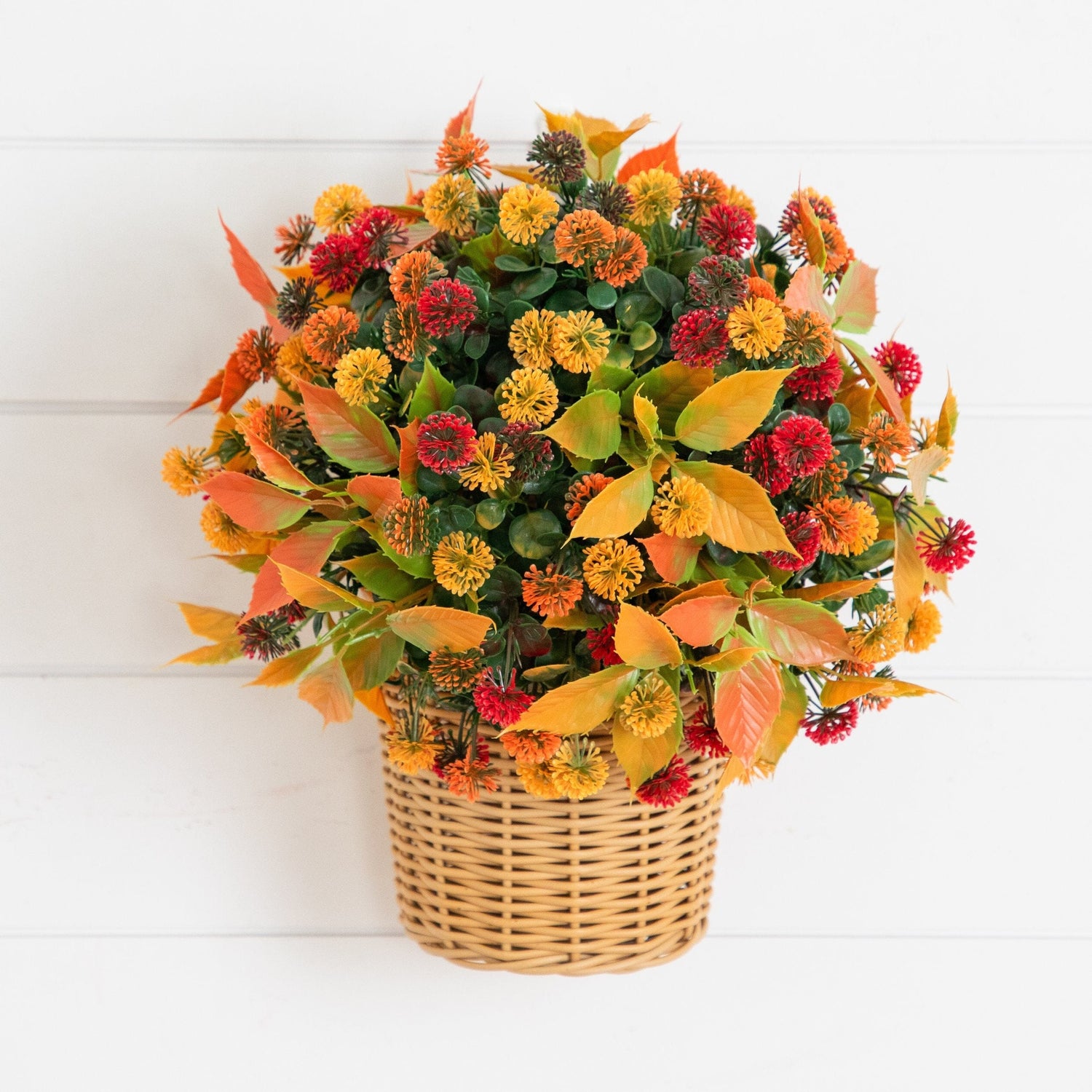 14” UV Resistant Autumn Artificial Mixed Fall Mum in Wicker Basket (Indoor/Outdoor)