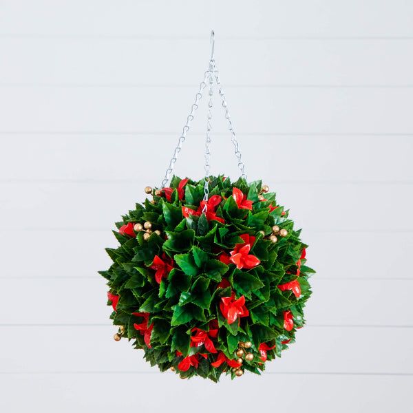 15" UV Resistant Artificial Red Tip Photinia Christmas Hanging Ball with Gold Berries (Indoor/Outdoor)