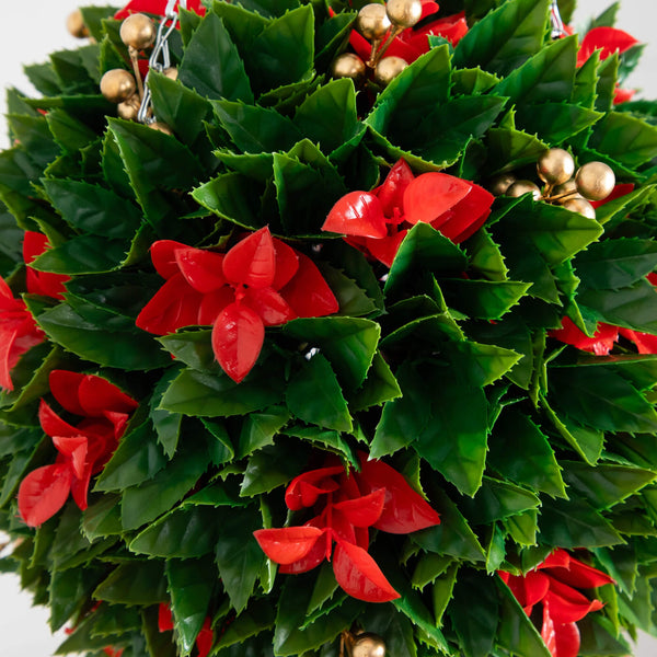 15" UV Resistant Artificial Red Tip Photinia Christmas Hanging Ball with Gold Berries (Indoor/Outdoor)