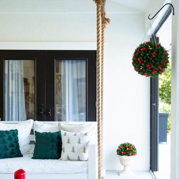 15" UV Resistant Artificial Red Tip Photinia Christmas Hanging Ball with Gold Berries (Indoor/Outdoor)