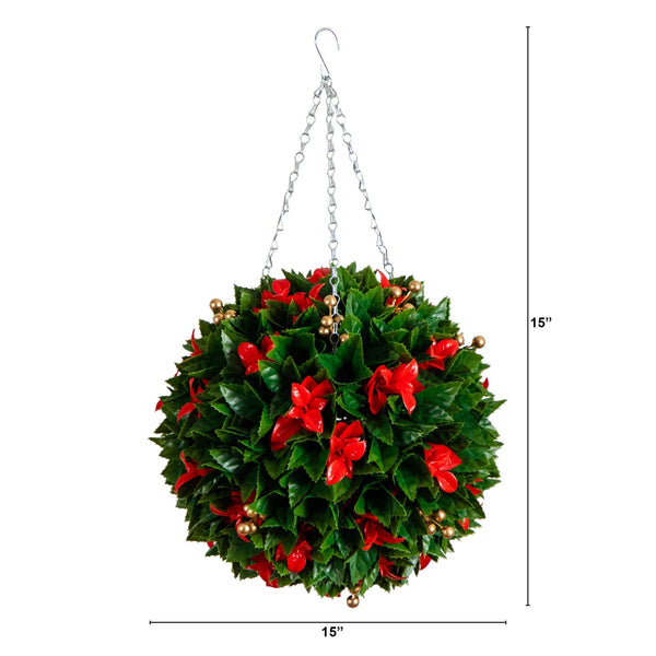 15" UV Resistant Artificial Red Tip Photinia Christmas Hanging Ball with Gold Berries (Indoor/Outdoor)