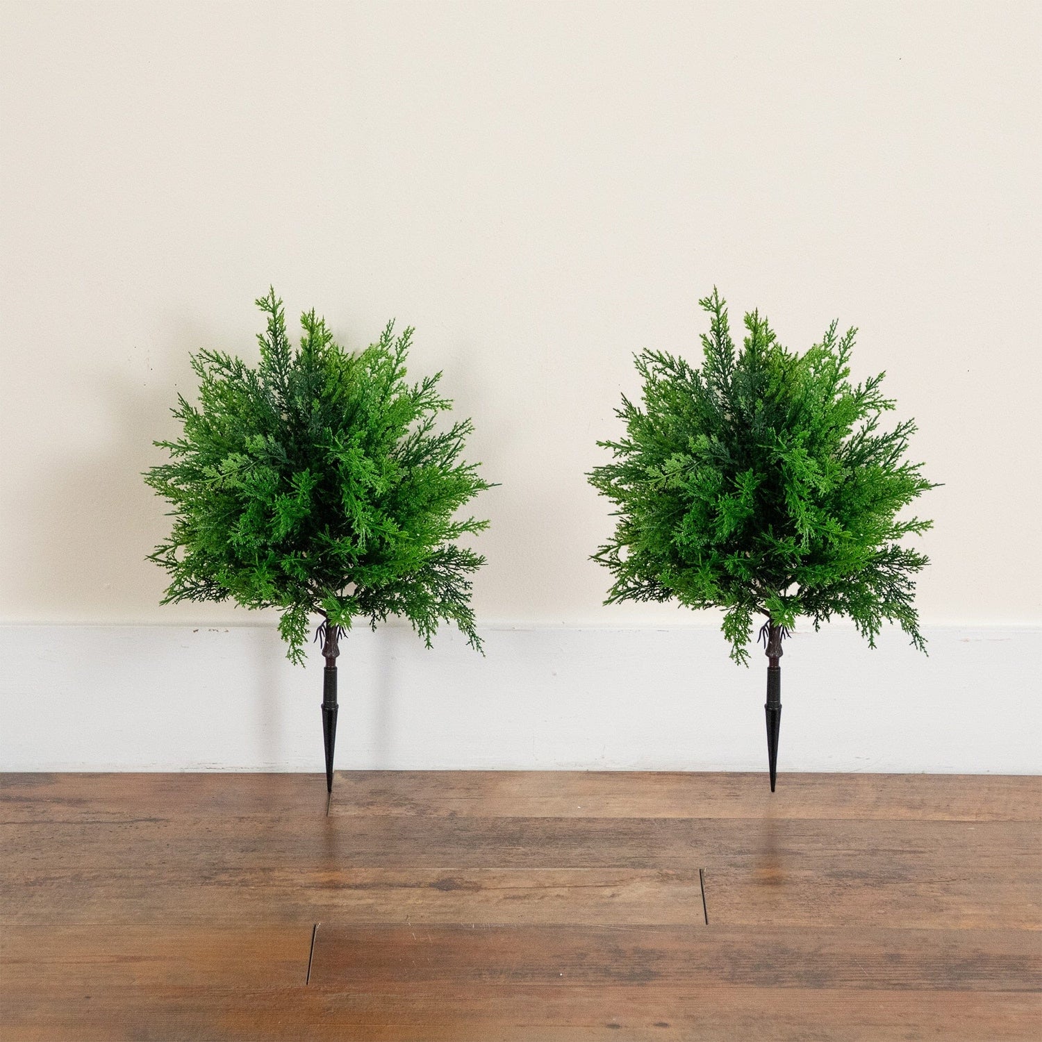 15” UV Resistant Artificial Cedar Bush with Integrated Ground Stake (Indoor/Outdoor) - Set of 2