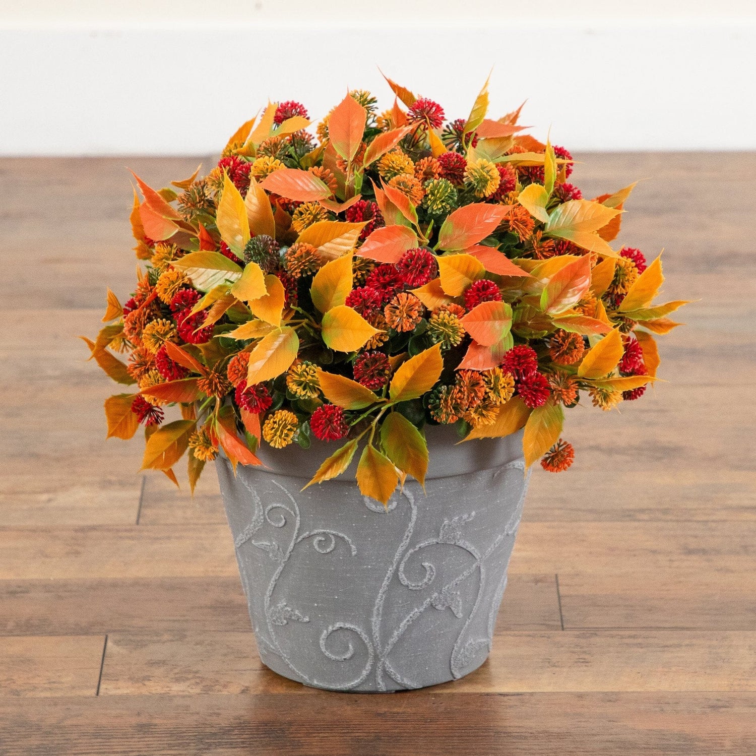 15.5” UV Resistant Autumn Artificial Mixed Fall Mum in Decorative Gray Planter (Indoor/Outdoor)