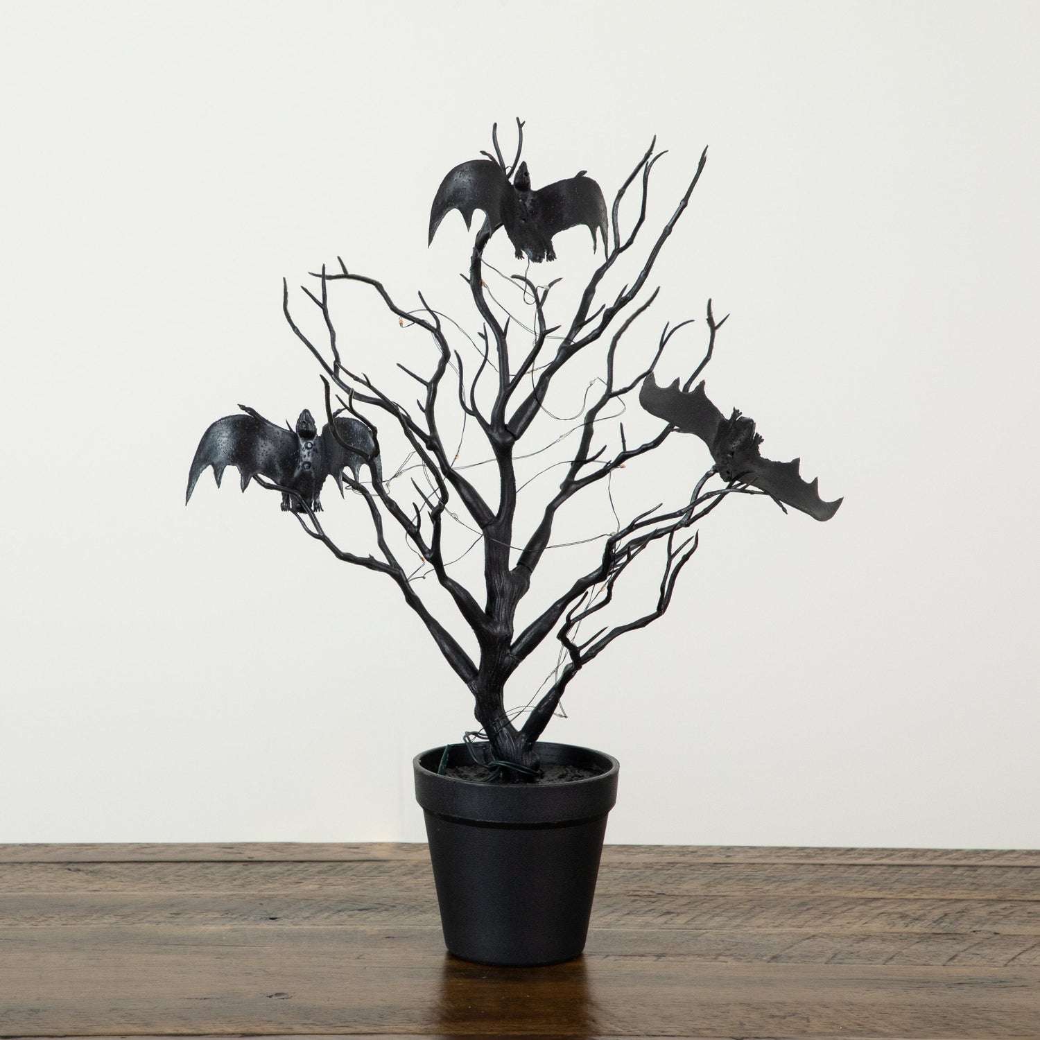 16” Pre-Lit Artificial Halloween Black Spooky Twig Tree with Bats and 20 Orange & Purple LED Lights