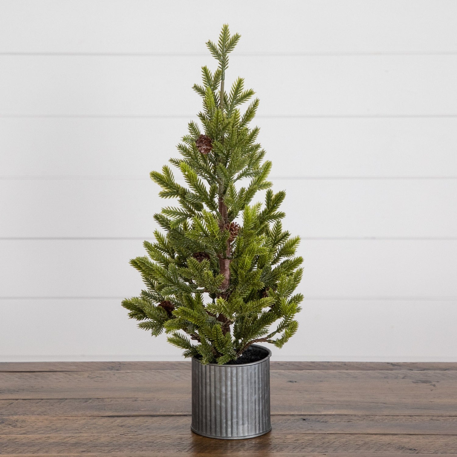 18” Artificial Christmas Tree with Pinecones in Metal Tin Planter
