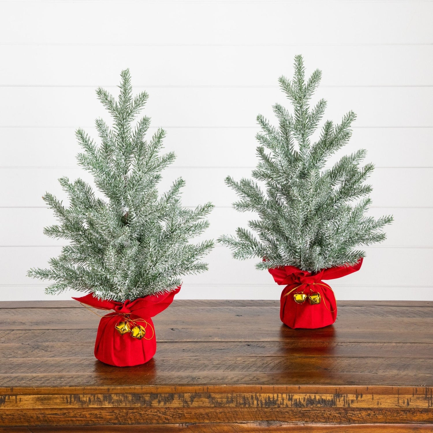 18” Artificial Flocked Christmas Tree with Wrapped Velvet Base and Gold Bells - Set of 2