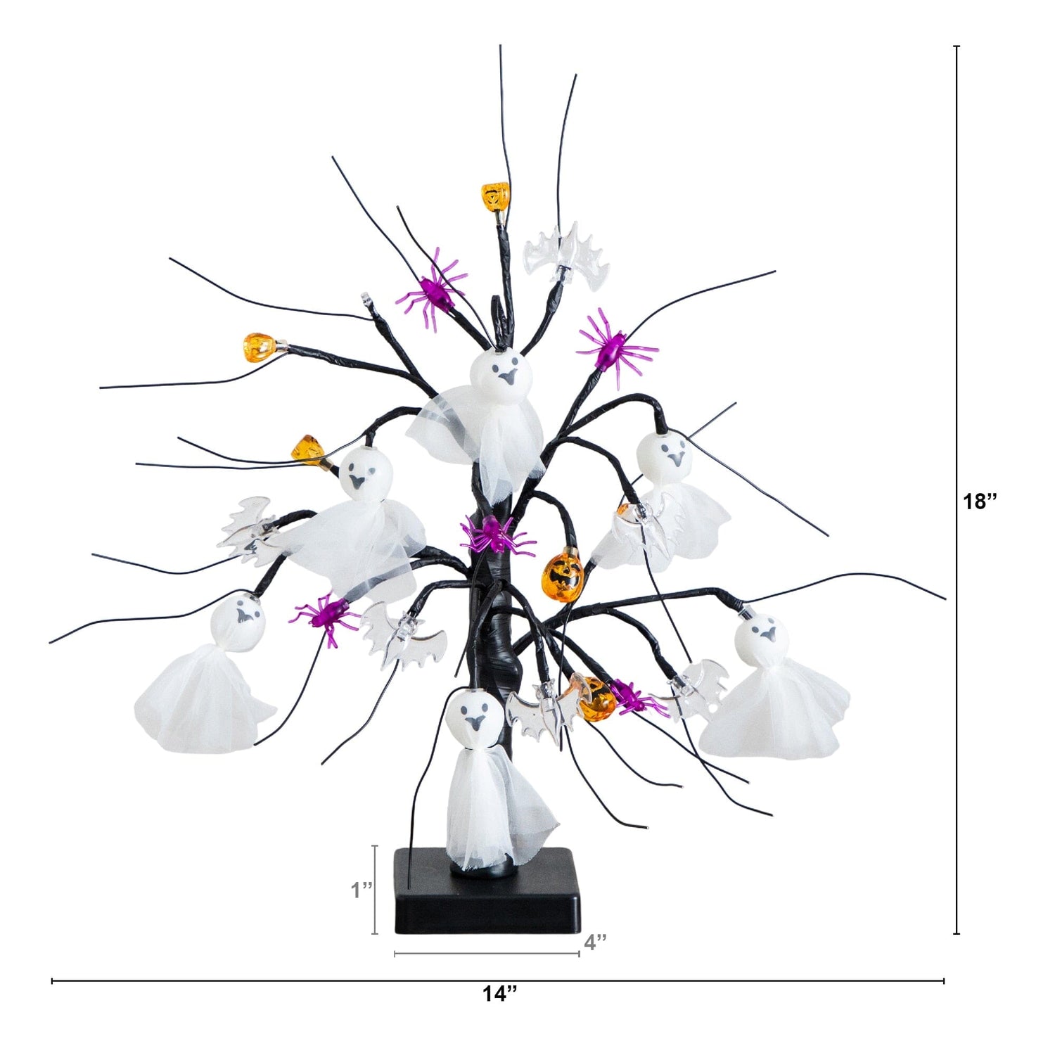 18" Pre-Lit Artificial Halloween Ghost Dolls, Spiders, Bats & Pumpkins 24 LED Lighted Ornament Tree
