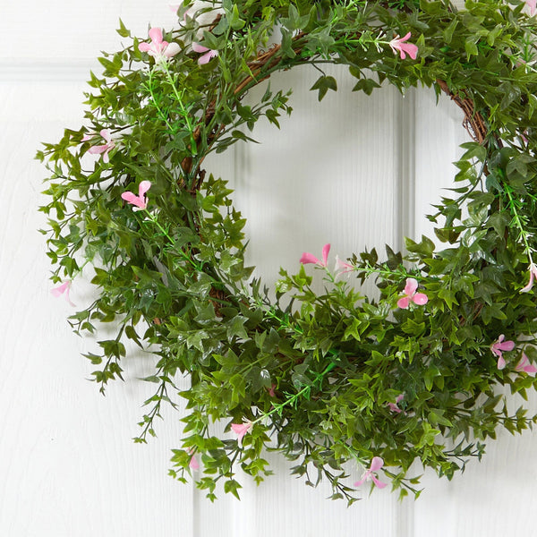18” Mini Ivy & Floral Double Ring Wreath w/Twig Base
