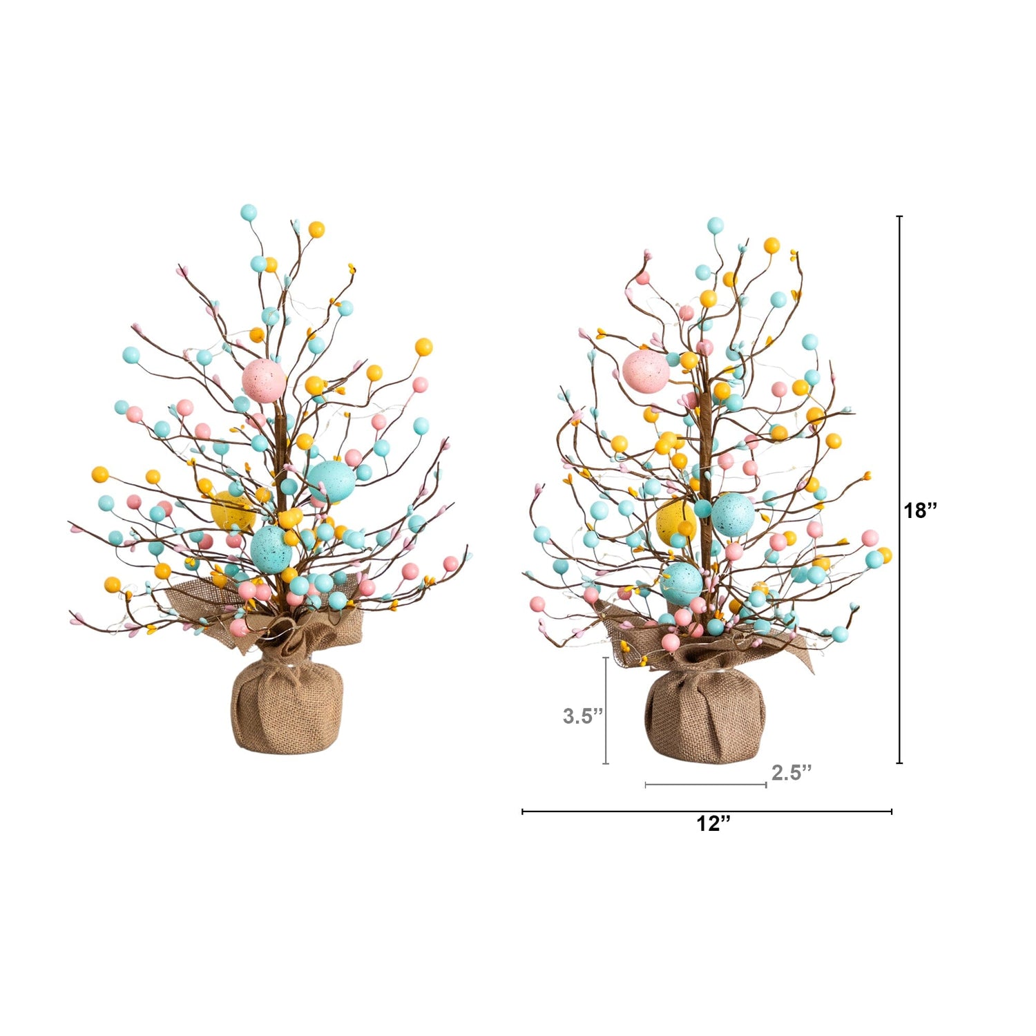 18" Pre-Lit Artificial Easter Egg Twig Tree with 30 LED Lights in Burlap Wrapped Base - Set of 2