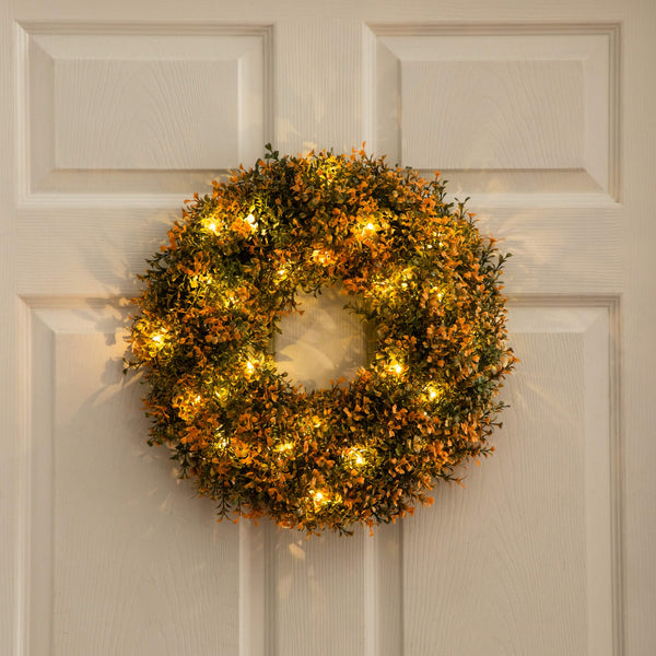 18" Pre-Lit Autumn Boxwood Artificial Fall Wreath with 25 Warm White LED Lights