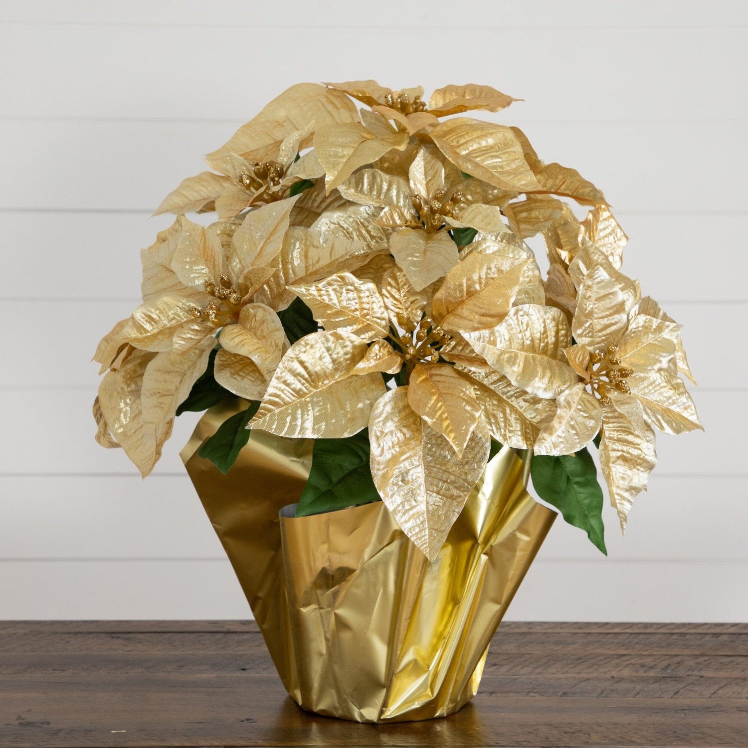 19” Artificial Lush Gold Velvet Poinsettia Arrangement in Gold Wrapped Planter