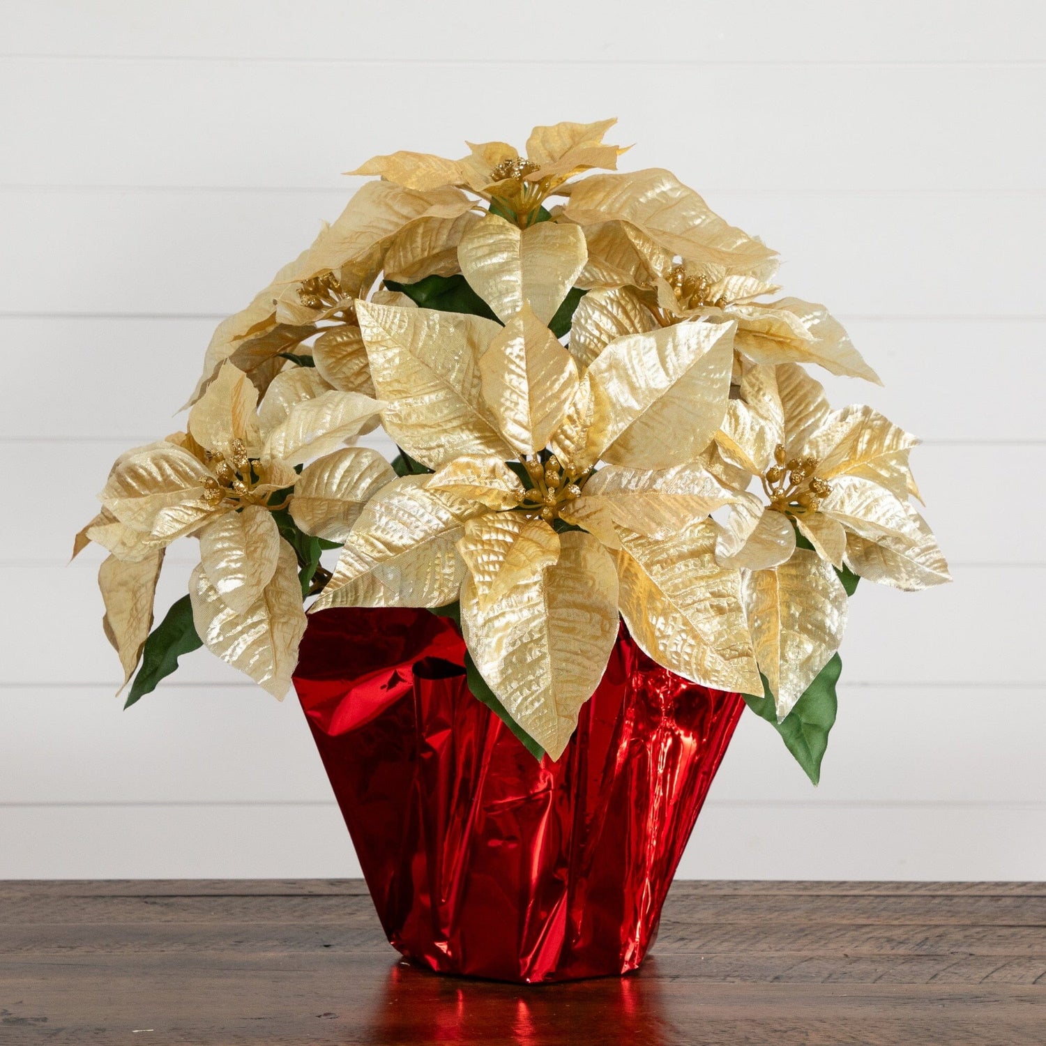 19” Artificial Lush Gold Velvet Poinsettia Arrangement in Red Wrapped Planter
