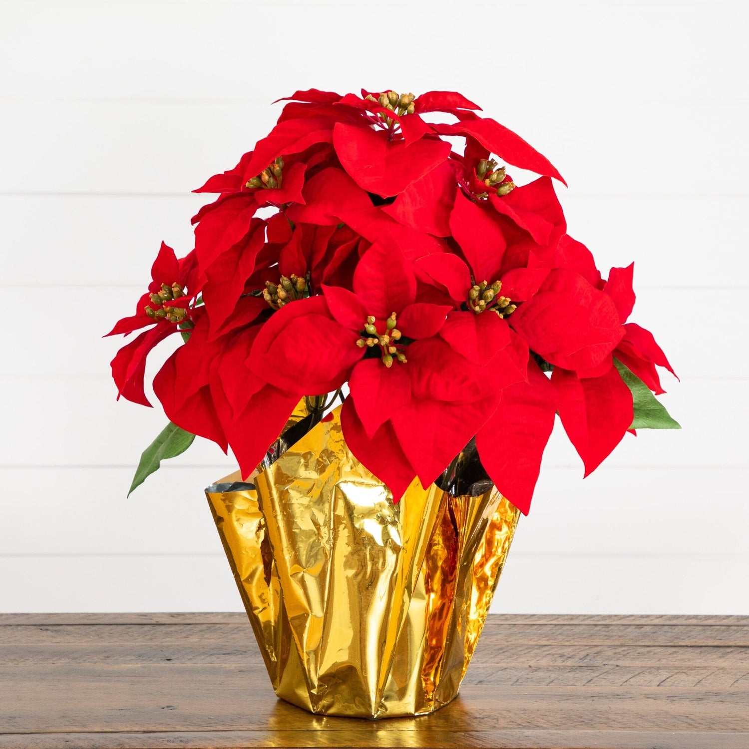 19” Artificial Lush Red Velvet Poinsettia Arrangement in Gold Wrapped Planter