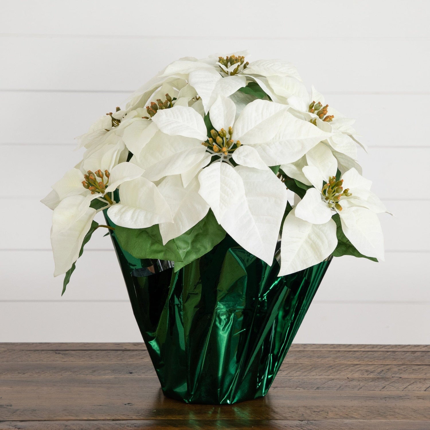 19" Artificial Lush White Velvet Poinsettia Arrangement in Green Wrapped Planter