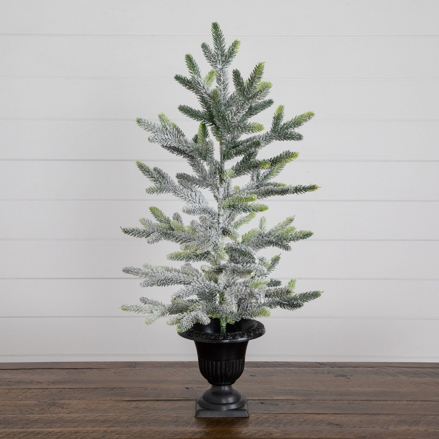 2' Artificial Frosted Christmas Tree in Black Decorative Urn