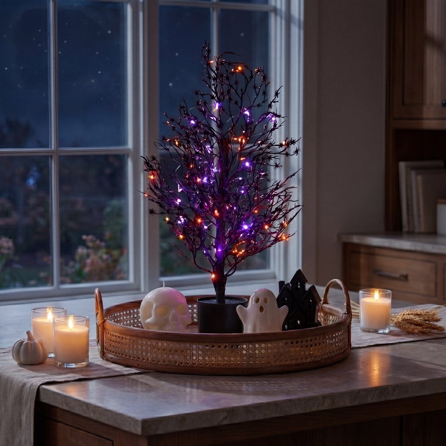 2’ Pre-Lit Artificial Halloween Spider Twig Tree with 50 Orange & Purple LED Lights