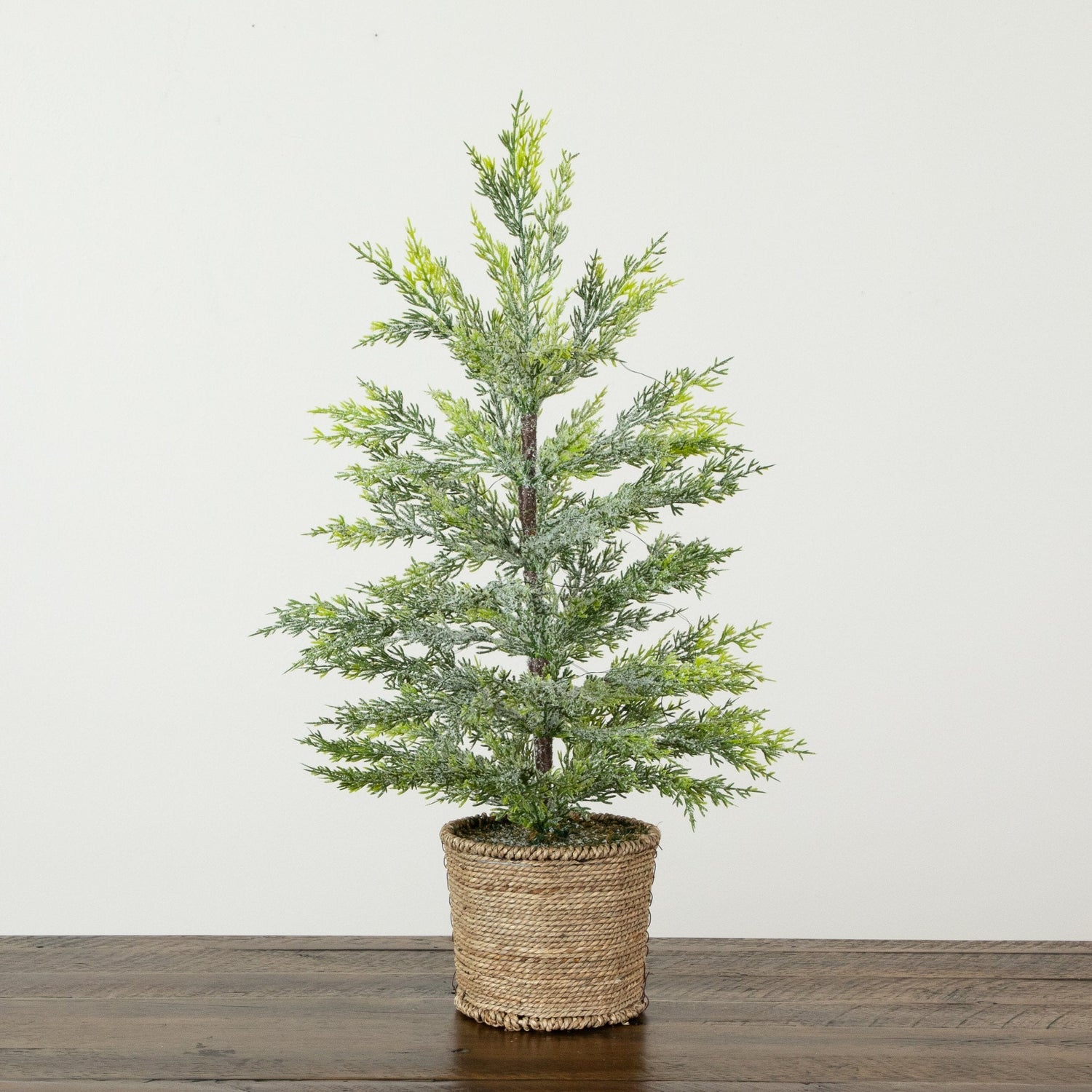2’ Pre-Lit Artificial Snowed Cypress Christmas Tree with 30 LED Lights in Hyacinth Basket