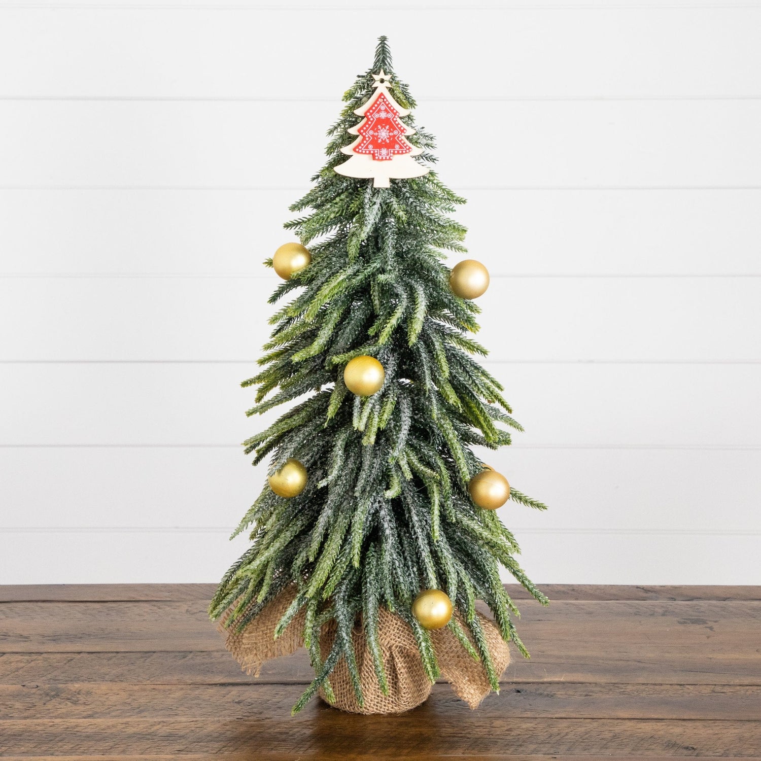 20” Artificial Snowed Downswept Christmas Tree with Ornaments in Burlap Wrapped Base