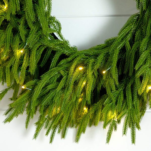 20" Pre-Lit Artificial Real Touch Norfolk Island Pine Wreath with 35 Warm White LED Lights and Natural Look