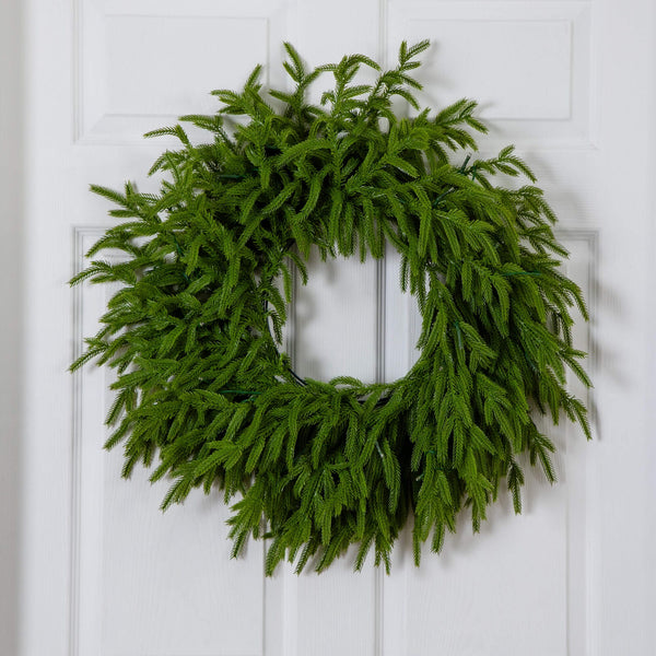 20" Pre-Lit Artificial Real Touch Norfolk Island Pine Wreath with 35 Warm White LED Lights and Natural Look
