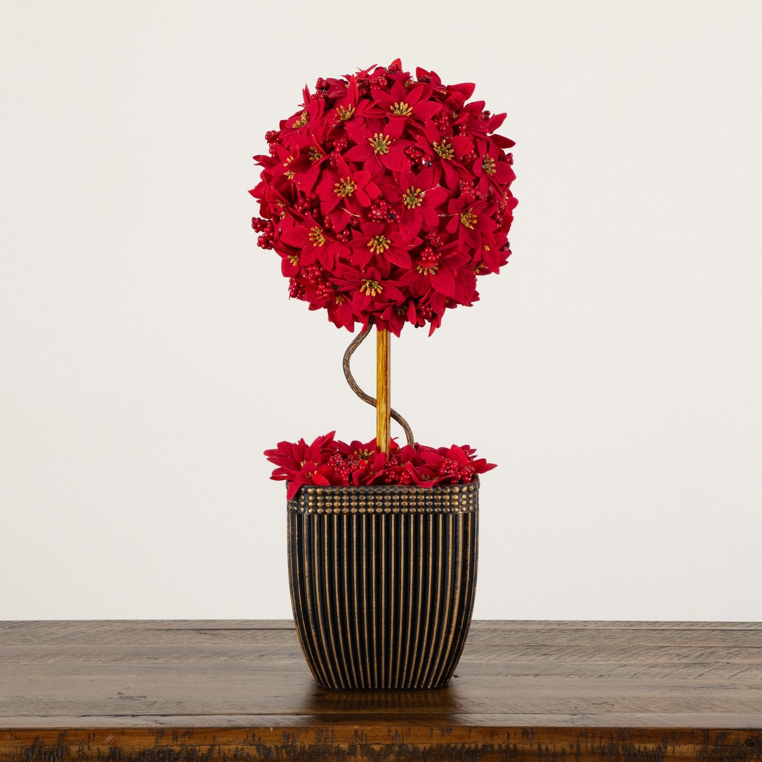 21” Pre-Lit Artificial Christmas Poinsettia Single Ball Topiary Tree with 15 LED Lights in Decorative Planter