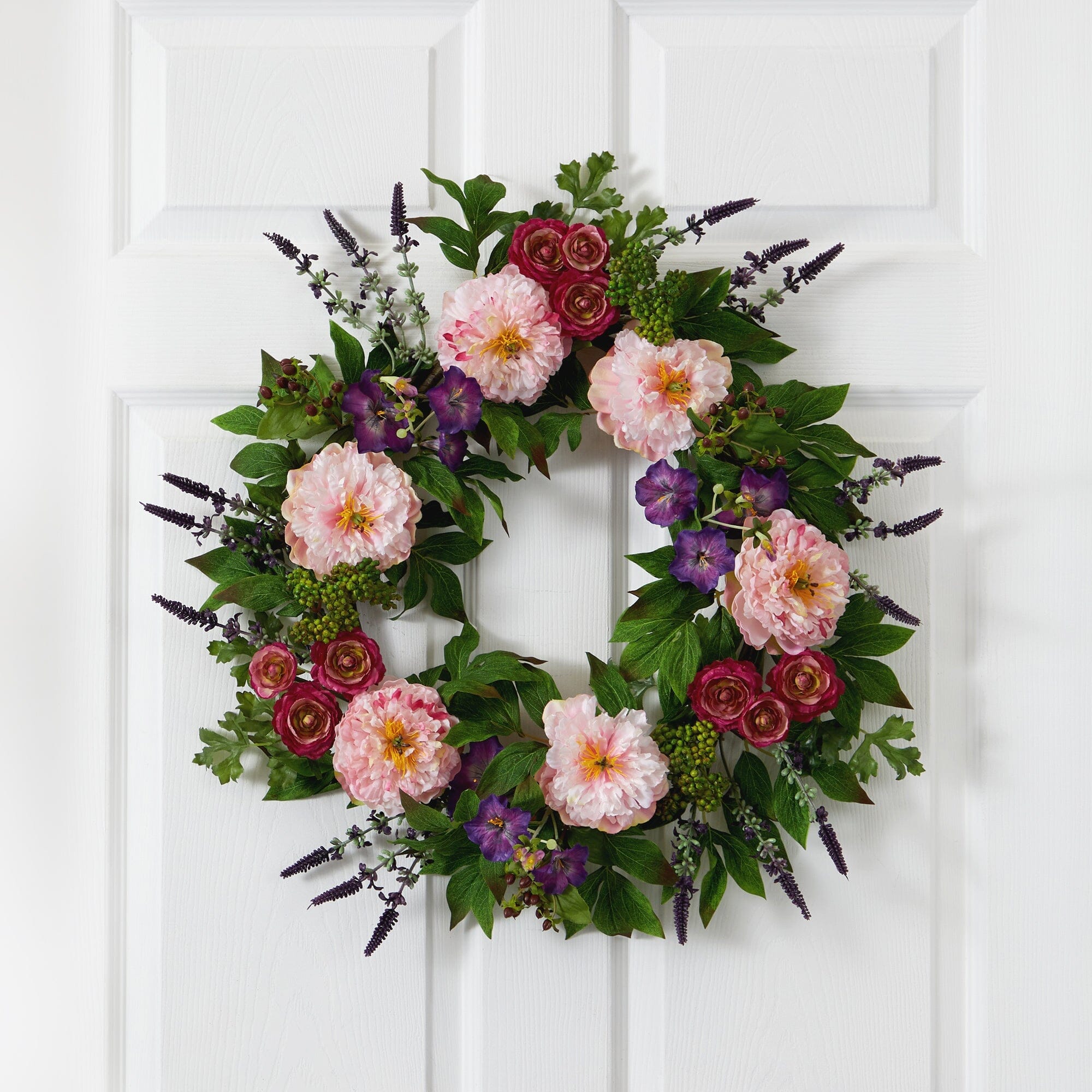 22” Assorted Peony Artificial Wreath | Nearly Natural