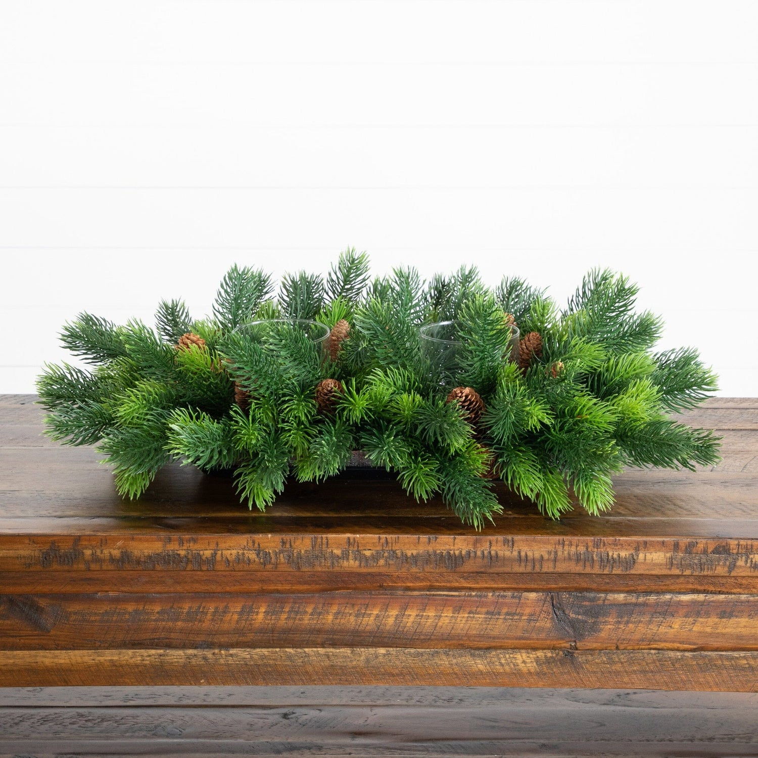 24” Artificial Christmas Pine Double Candle Holder with Pinecones