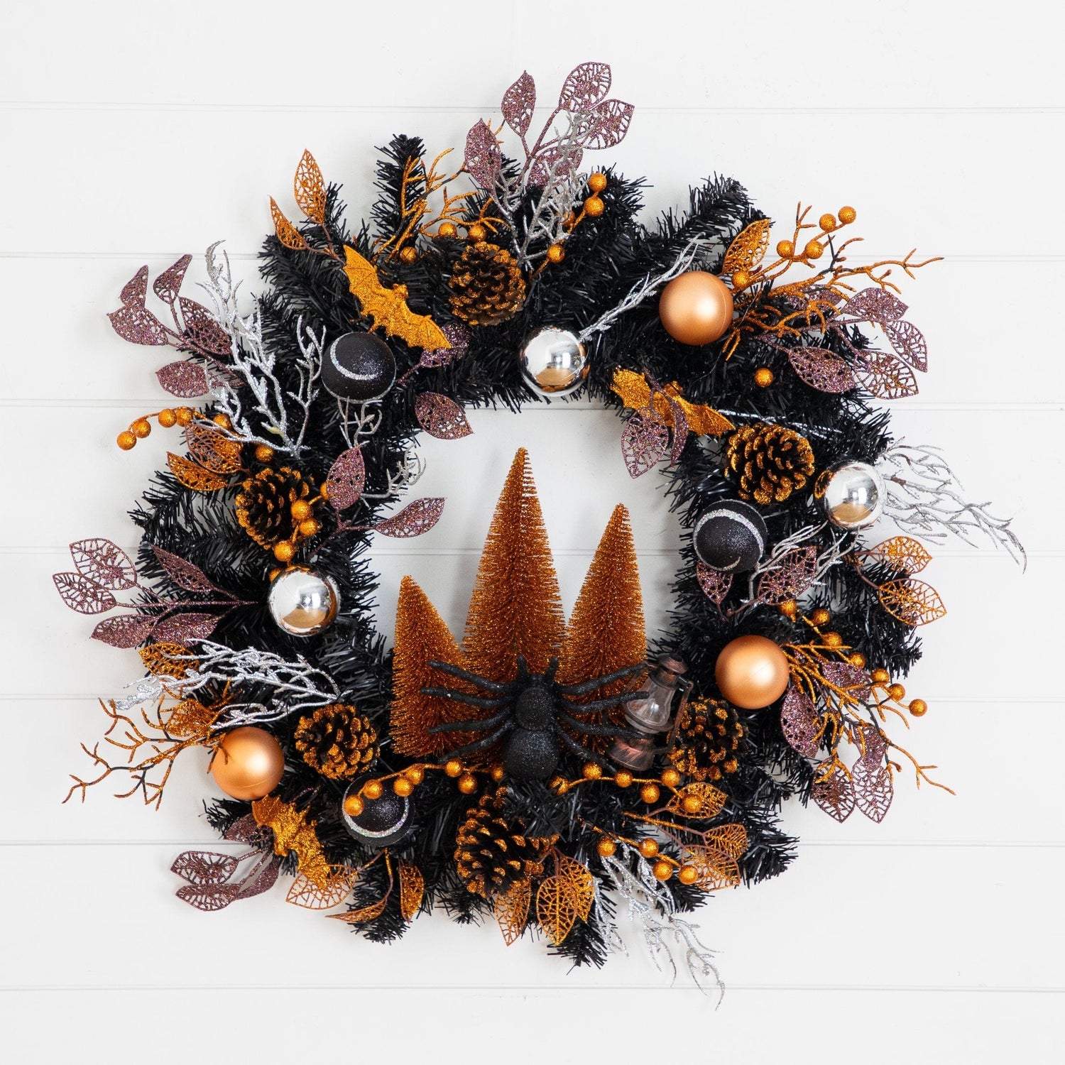 24" Artificial Halloween Black Mixed Foliage Wreath with Bats, Pinecones and Trees