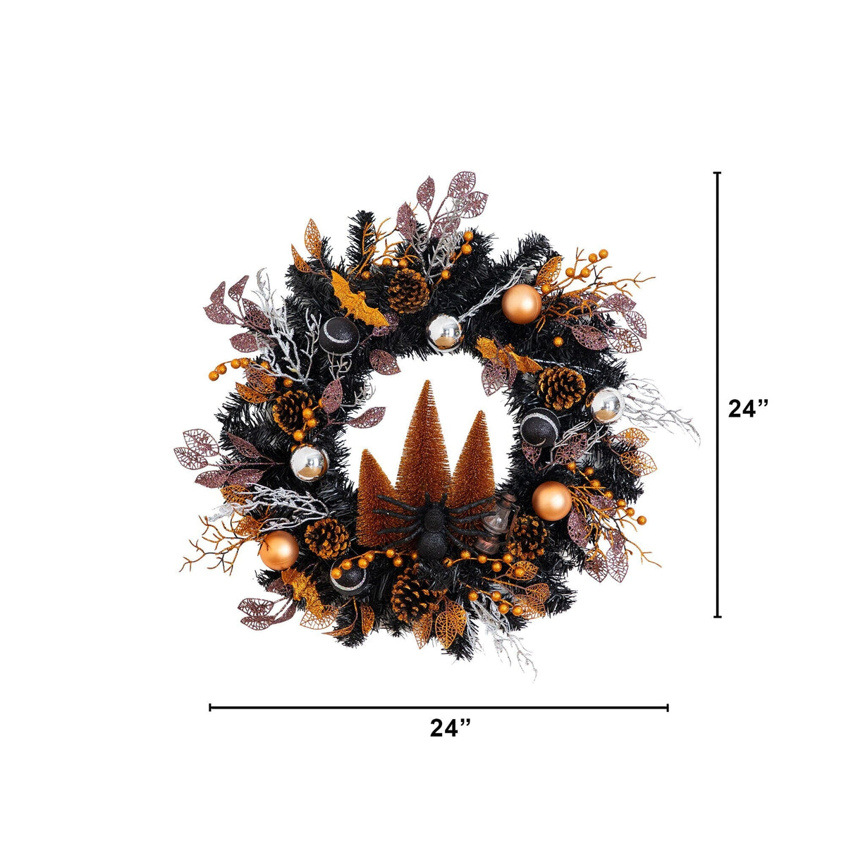 24" Artificial Halloween Black Mixed Foliage Wreath with Bats, Pinecones and Trees