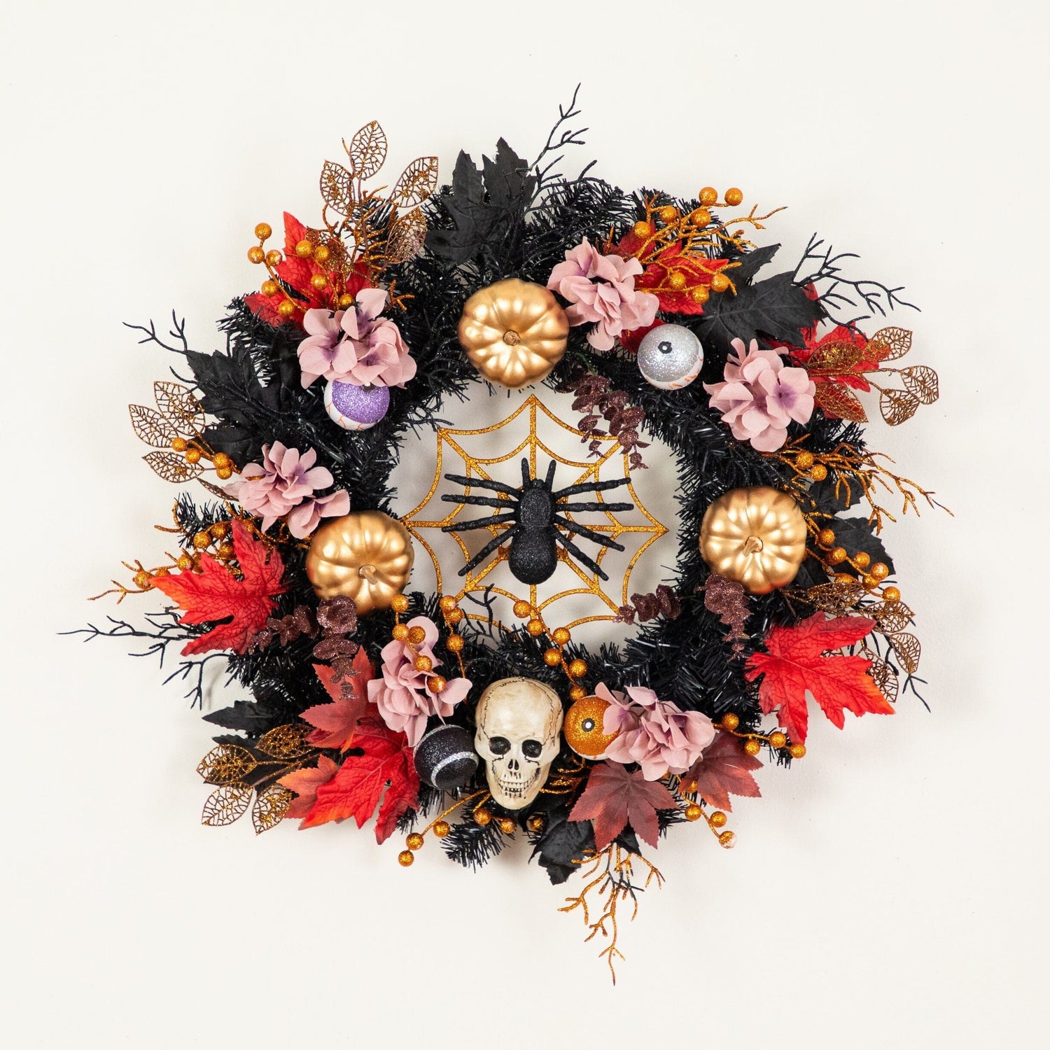 24” Artificial Halloween Wreath with Skulls, Spiders and Pumpkins