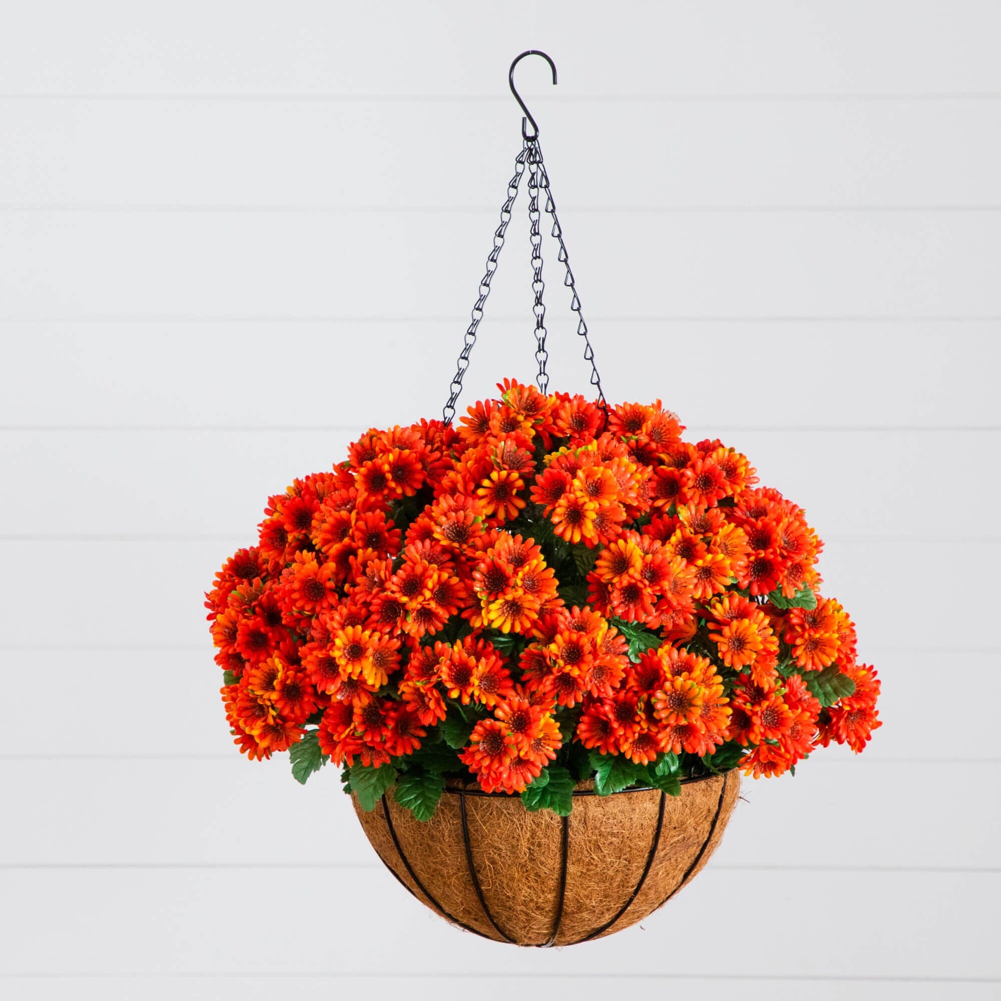 mums hanging plants Nearly Natural 24 in. UV Resistant Artificial Chrysanthemum Hanging Basket Orange