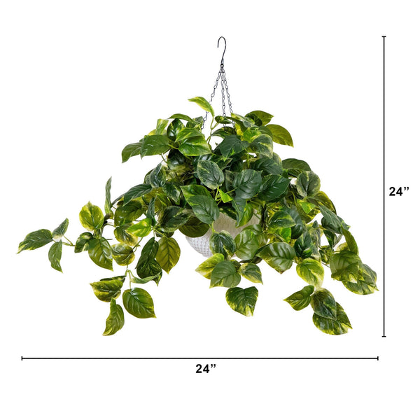 24”UV Resistant Artificial Pothos with 50 Warm White LED Lights in White Hanging Basket