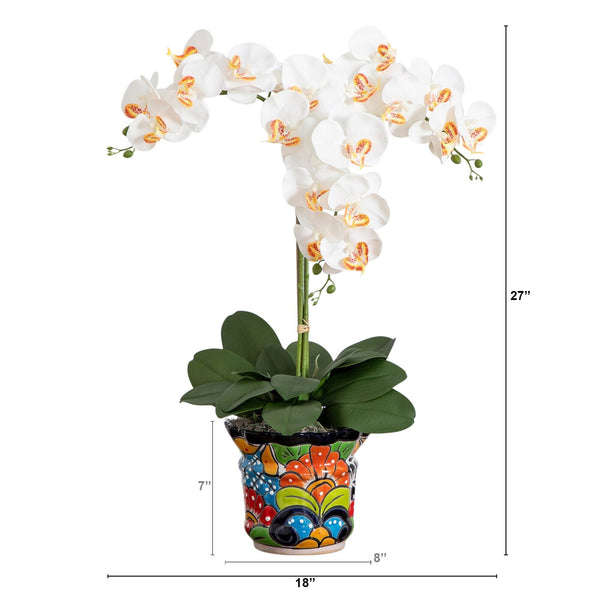 27” Artificial Triple Orchid Arrangement in Handmade Mexican Talavera Ceramic Planter