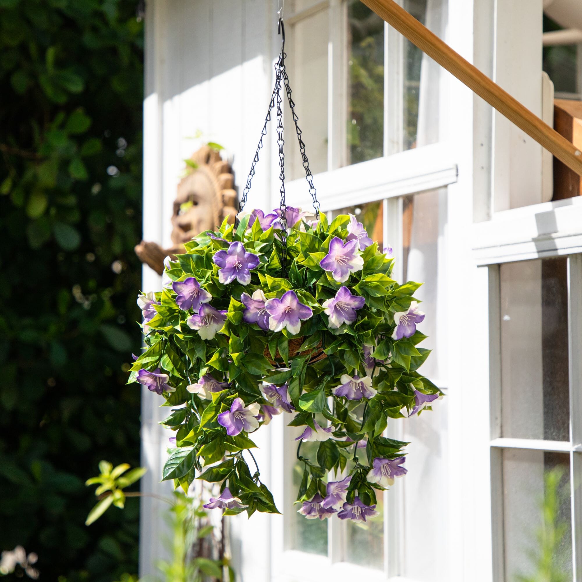 purple hanging plant outdoor 27” UV Resistant Artificial Azalea Hanging Basket (Indoor/Outdoor) by Nearly Natural