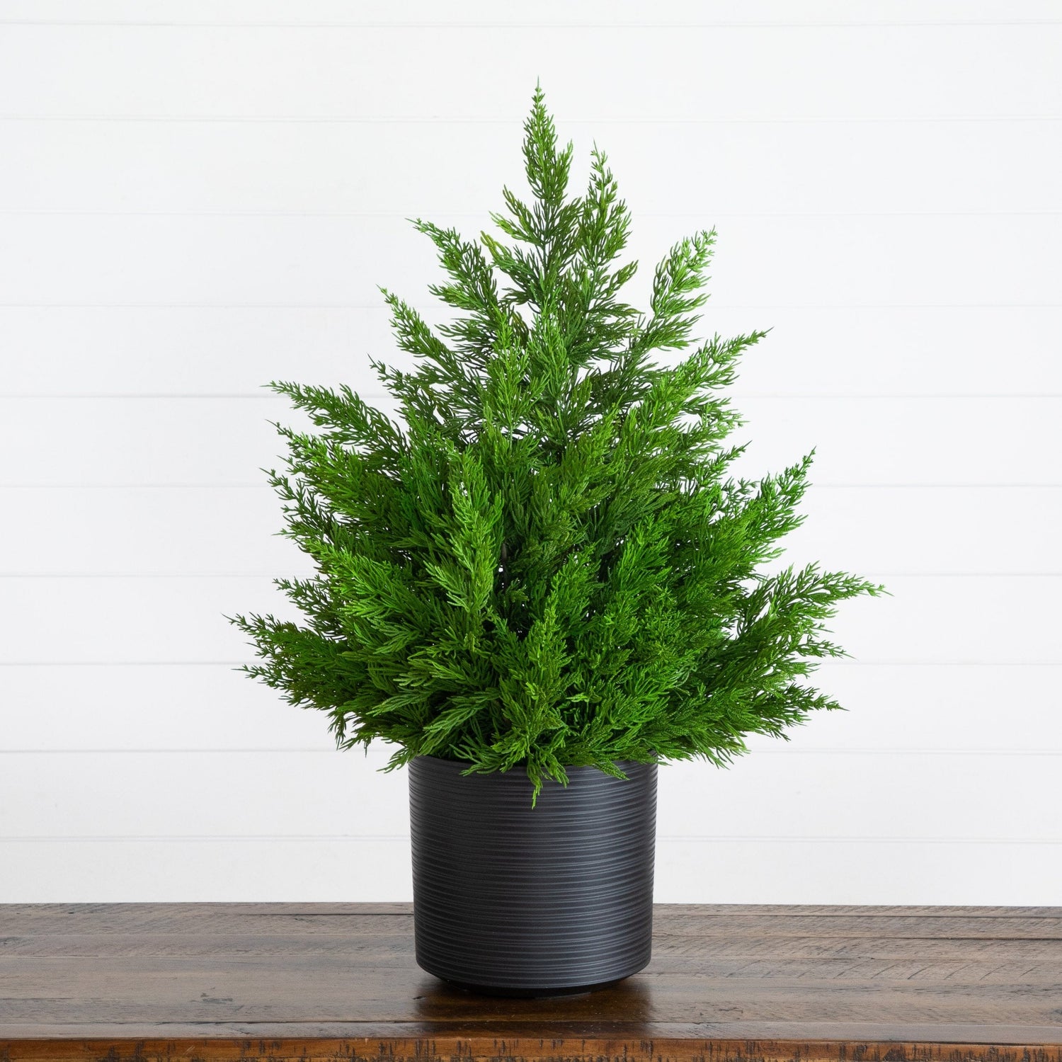 28” Artificial Real Touch Winter Cypress Bush in Black Decorative Planter