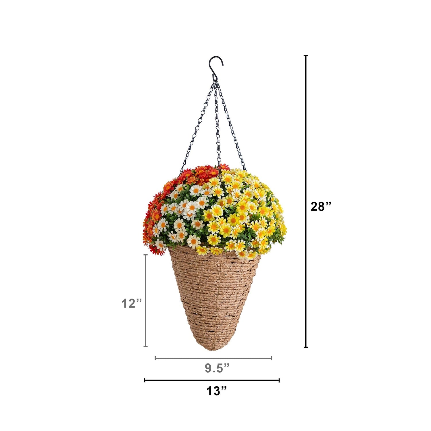 28” UV Resistant Autumn Artificial Fall Mixed Daisy in Cone Hanging Basket (Indoor/Outdoor)