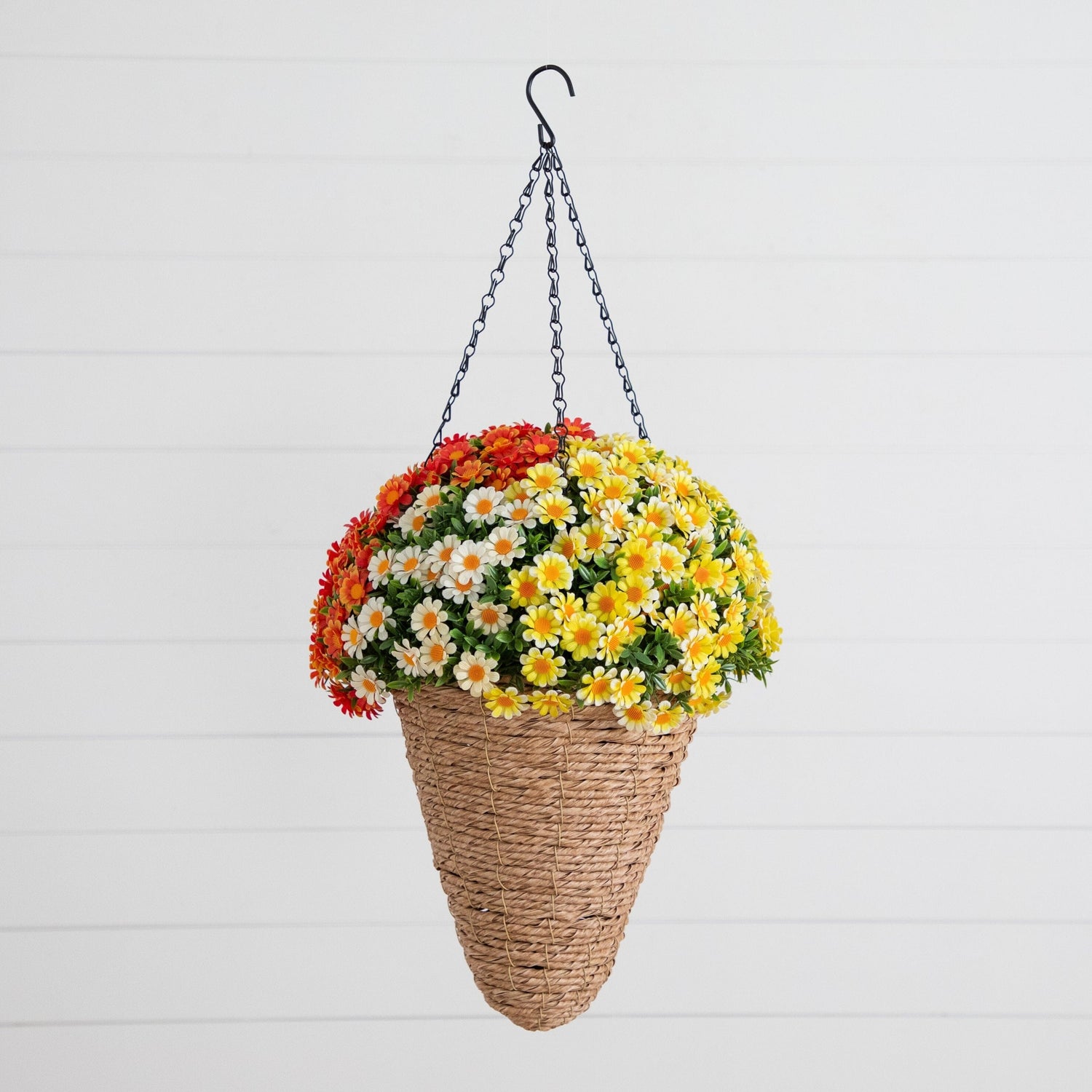28” UV Resistant Autumn Artificial Fall Mixed Daisy in Cone Hanging Basket (Indoor/Outdoor)
