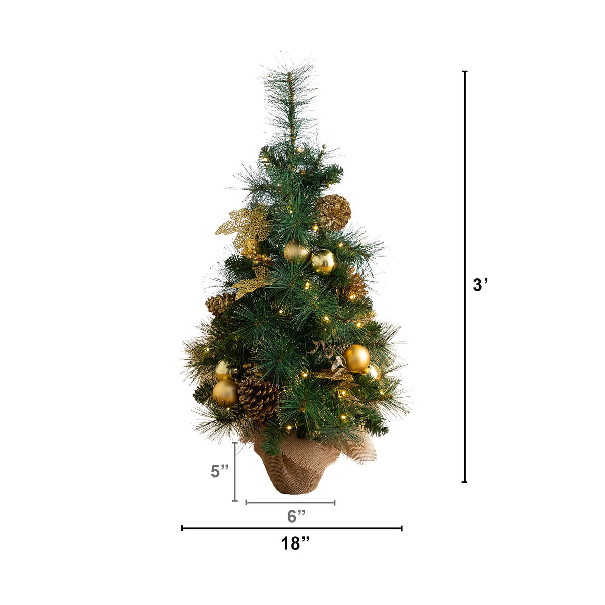3’ Artificial Pre-Lit Christmas Tree with Gold Ornaments & Pinecones and 50 LED Lights in Jute Wrapped Base
