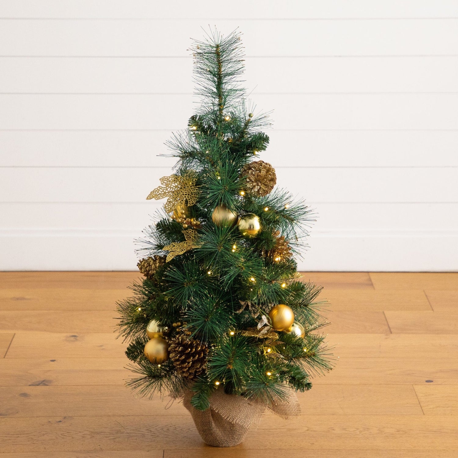 3’ Artificial Pre-Lit Christmas Tree with Gold Ornaments & Pinecones and 50 LED Lights in Jute Wrapped Base