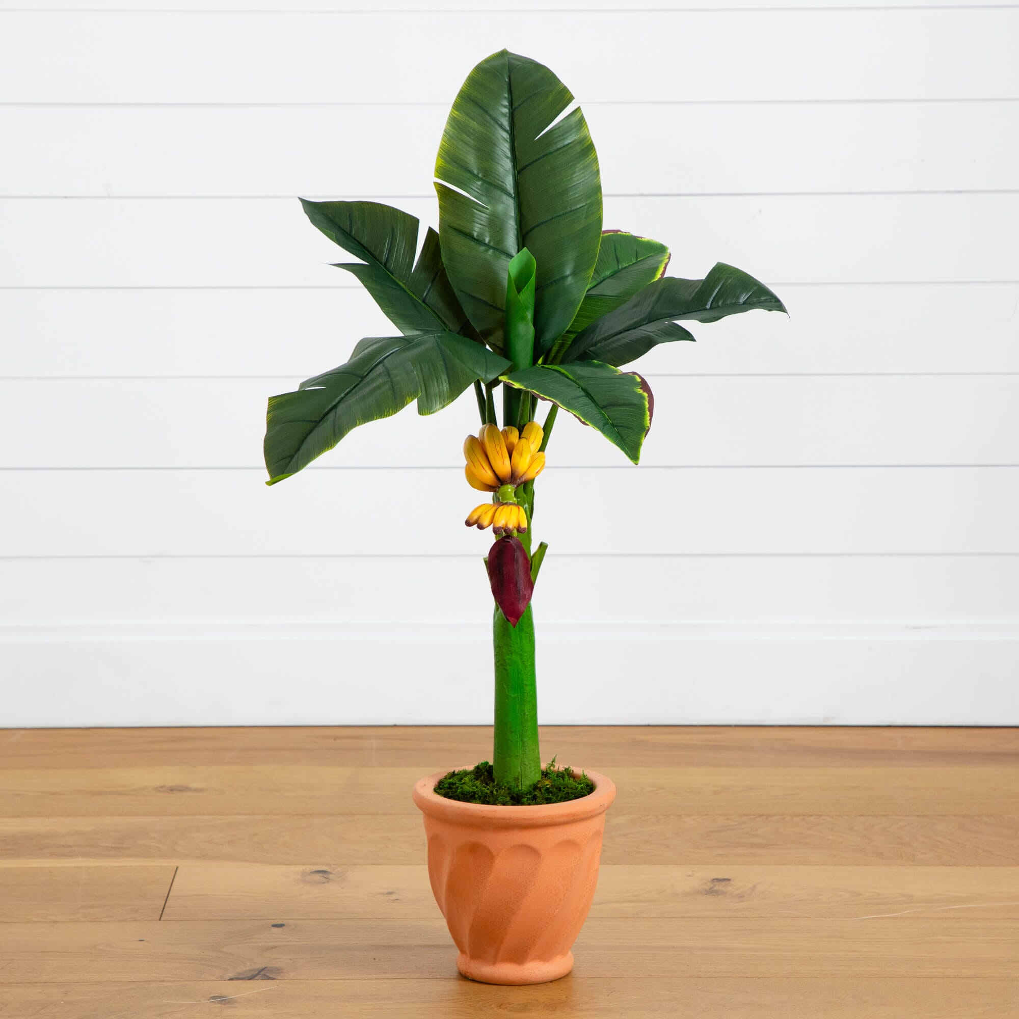 banana plant plastic Nearly Natural 3 ft. Artificial Banana Tree in Terracotta Planter