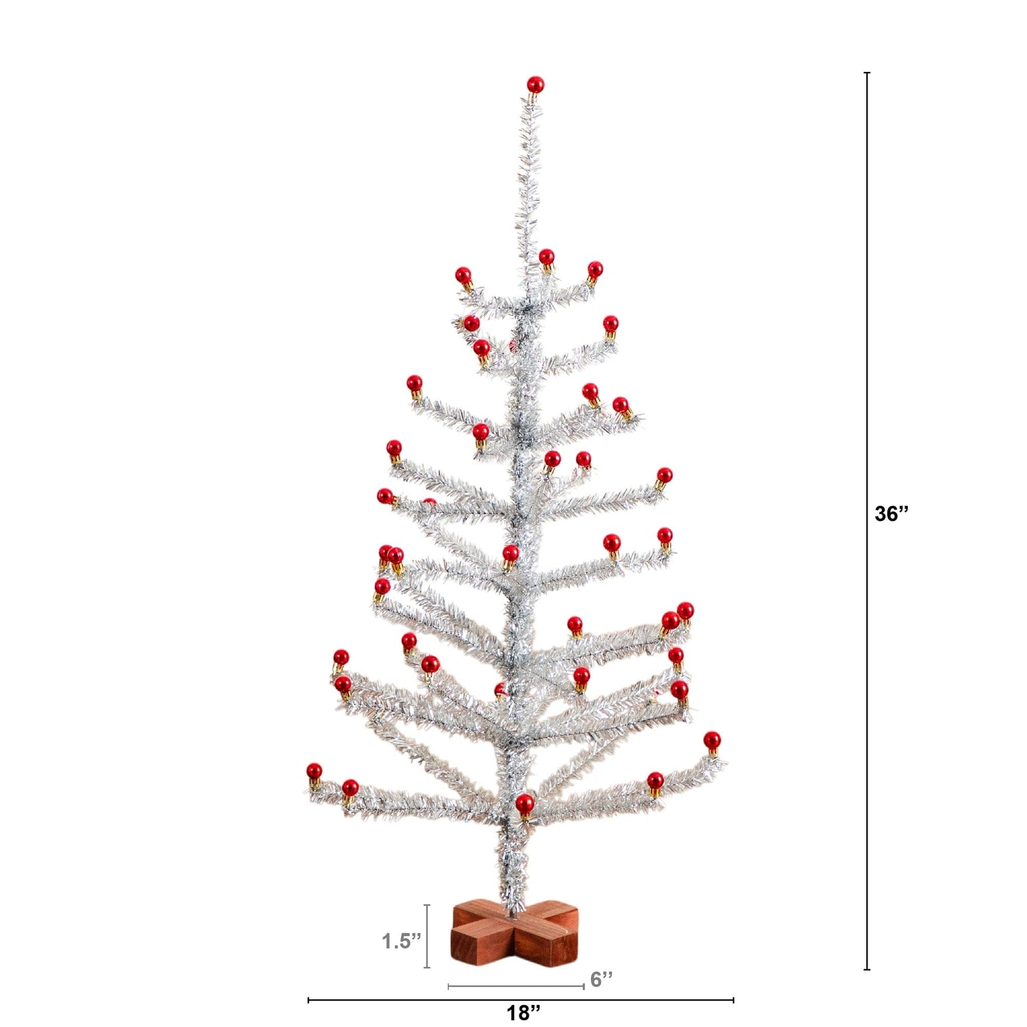 3' Artificial Retro Silver Tinsel Christmas Tree with 45 Red Mini Ornament Balls and Wooden Base