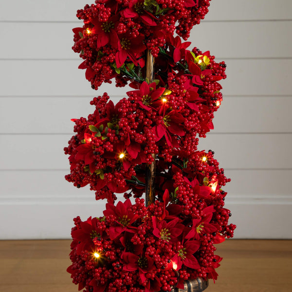 3' Pre-Lit Artificial Christmas Poinsettias and Berries Spiral Topiary Tree with 30 Warm White LED Lights
